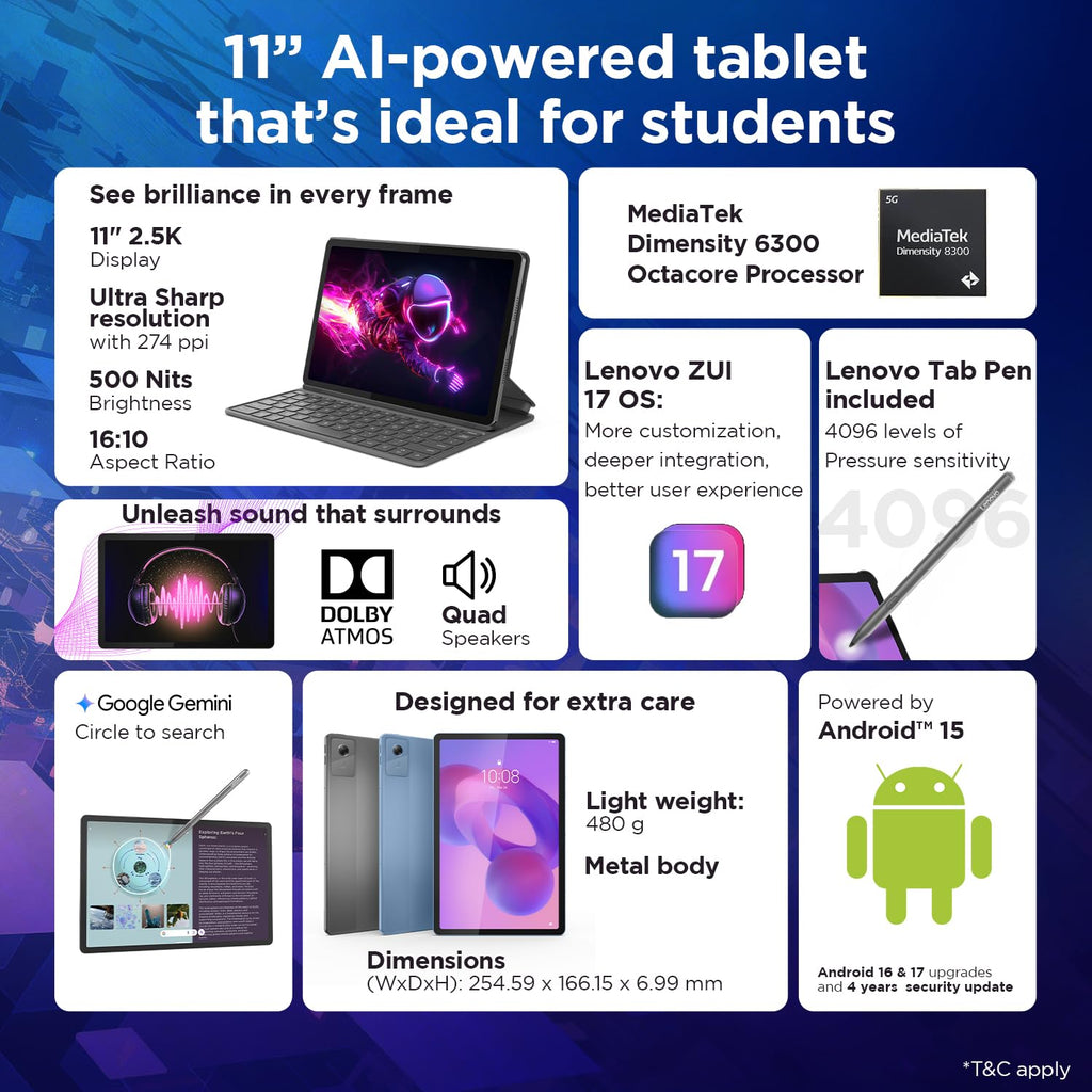 Lenovo Idea Tab Smartchoice |11" Display, 2.5K Resolution, 90Hz Refresh|8GB RAM, 256GB ROM| MediaTek Dimensity 6300| 7040mAh|4 Speakers| USB-C |Wi-Fi | Luna Grey