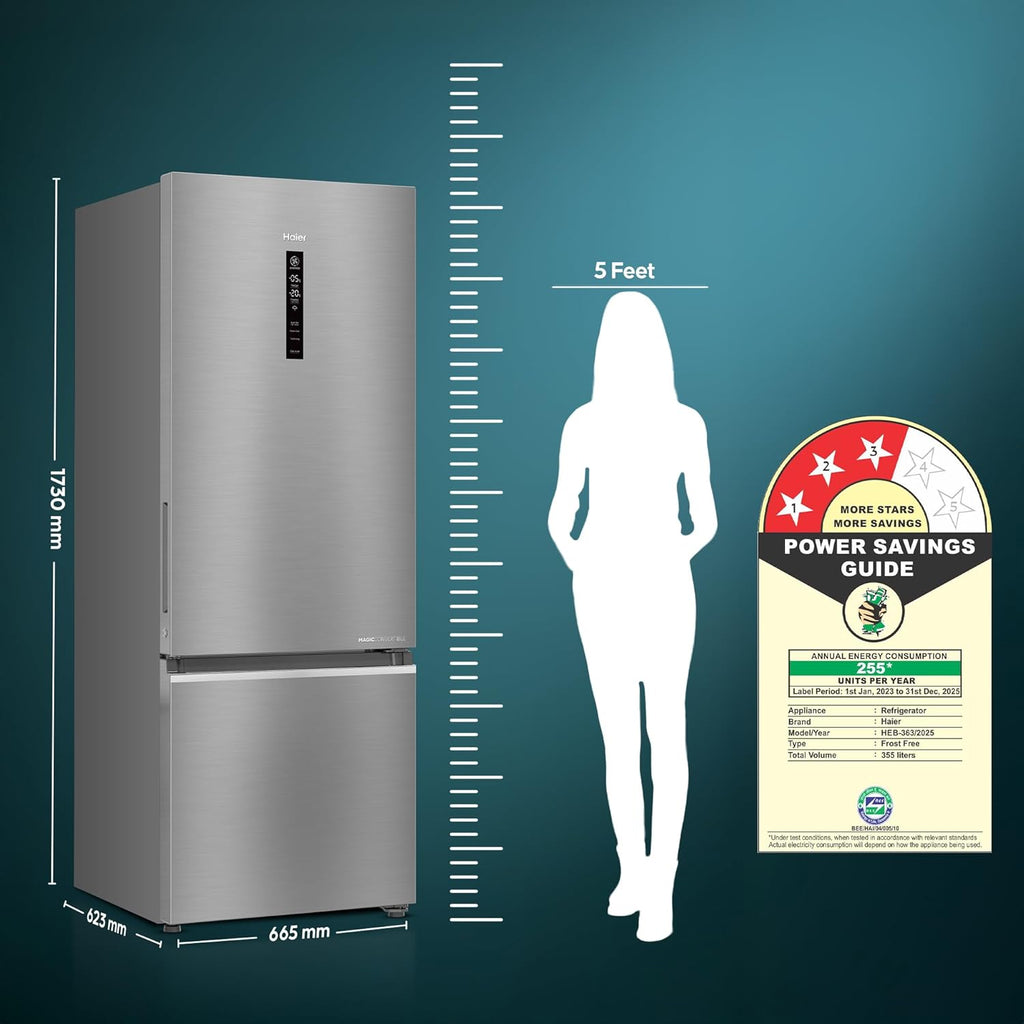Haier 355 L, 3 Star, Convertible 14-in-1 Triple Inverter & Fan Motor Technology, with Display Frost Free, Bottom Mounted Double Door Refrigerator (HEB-363TS-P, Inox Steel)