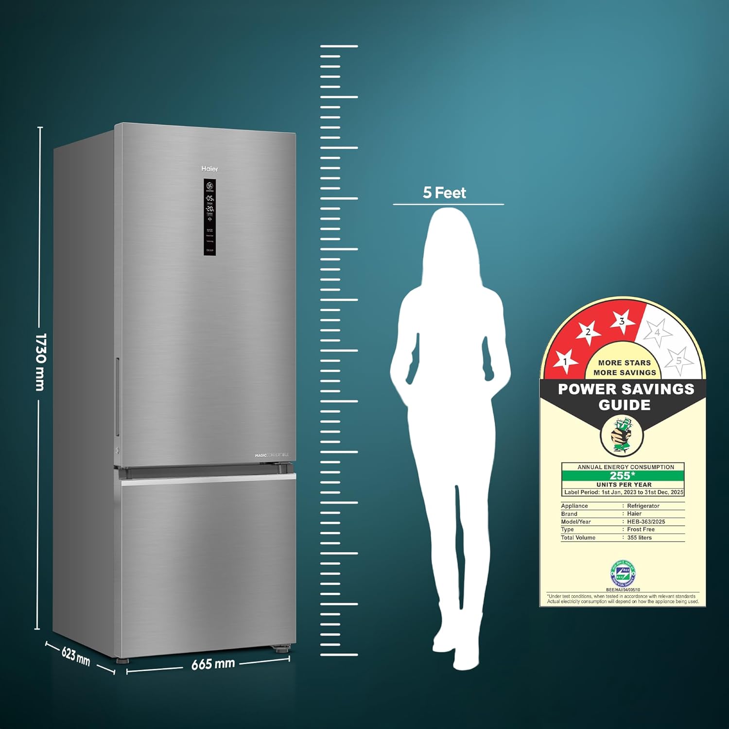 Haier 355 L, 3 Star, Convertible 14-in-1 Triple Inverter & Fan Motor Technology, with Display Frost Free, Bottom Mounted Double Door Refrigerator (HEB-363TS-P, Inox Steel)