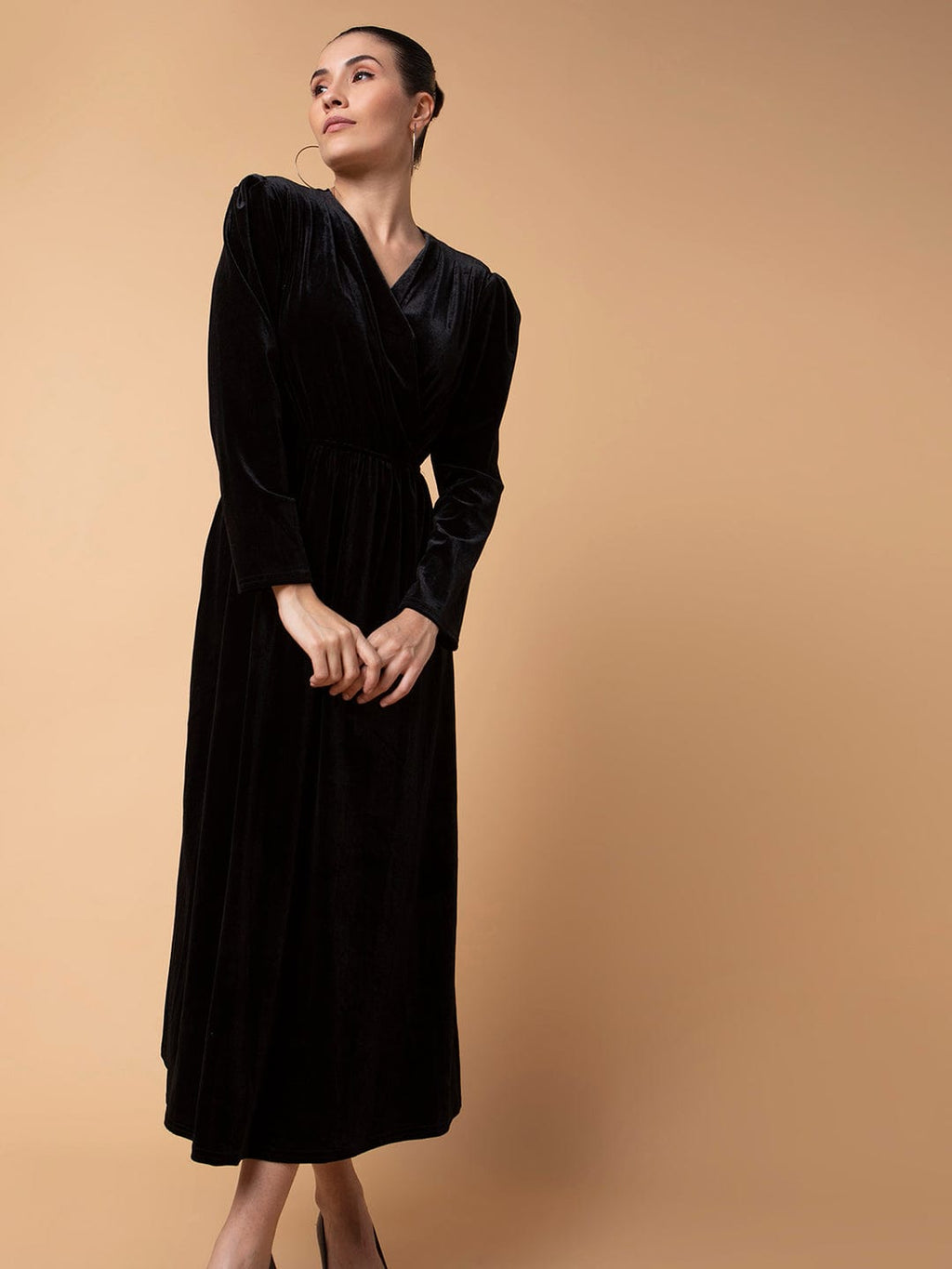 Women's Solid Black Midi Fit and Flare Dress