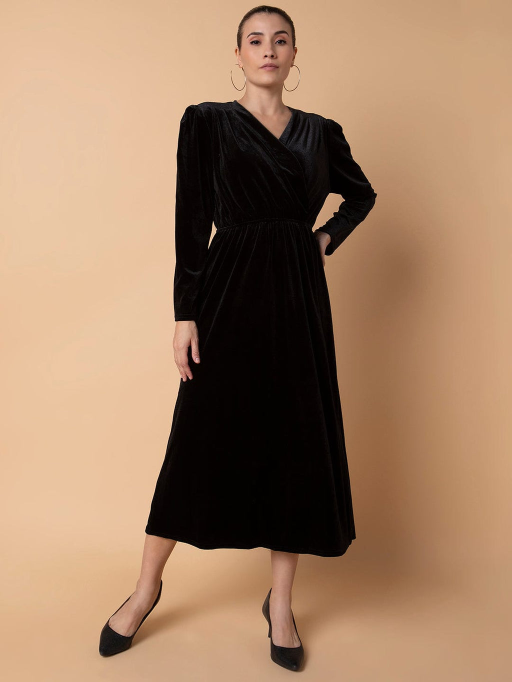 Women's Solid Black Midi Fit and Flare Dress
