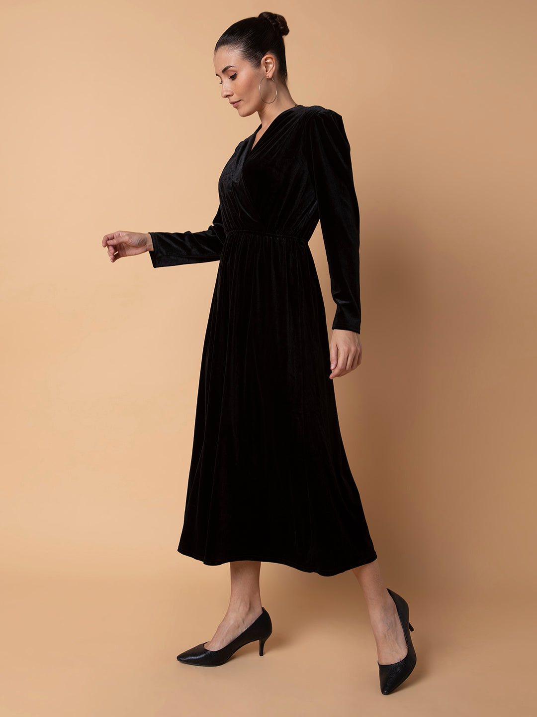 Women's Solid Black Midi Fit and Flare Dress