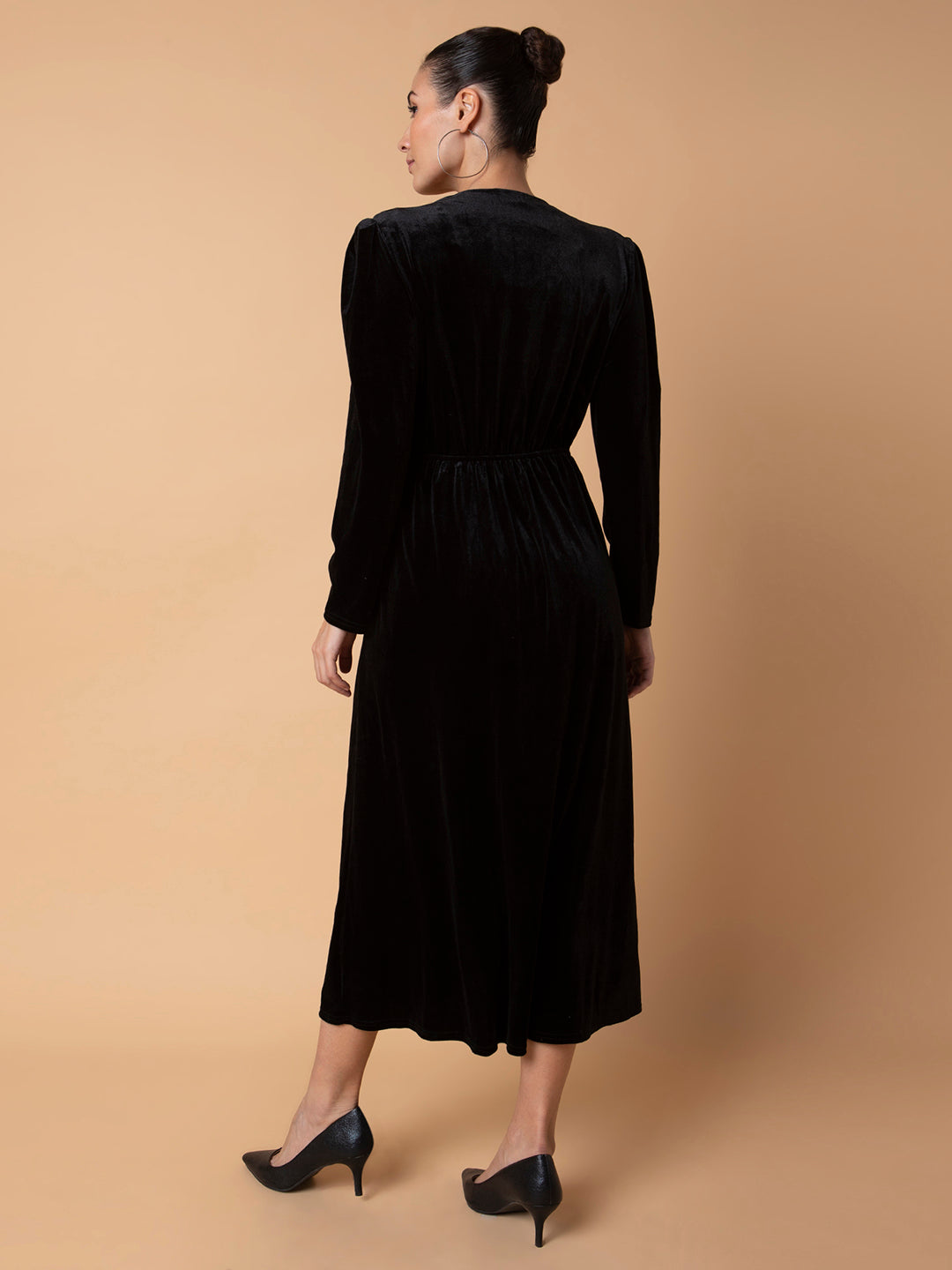 Women's Solid Black Midi Fit and Flare Dress