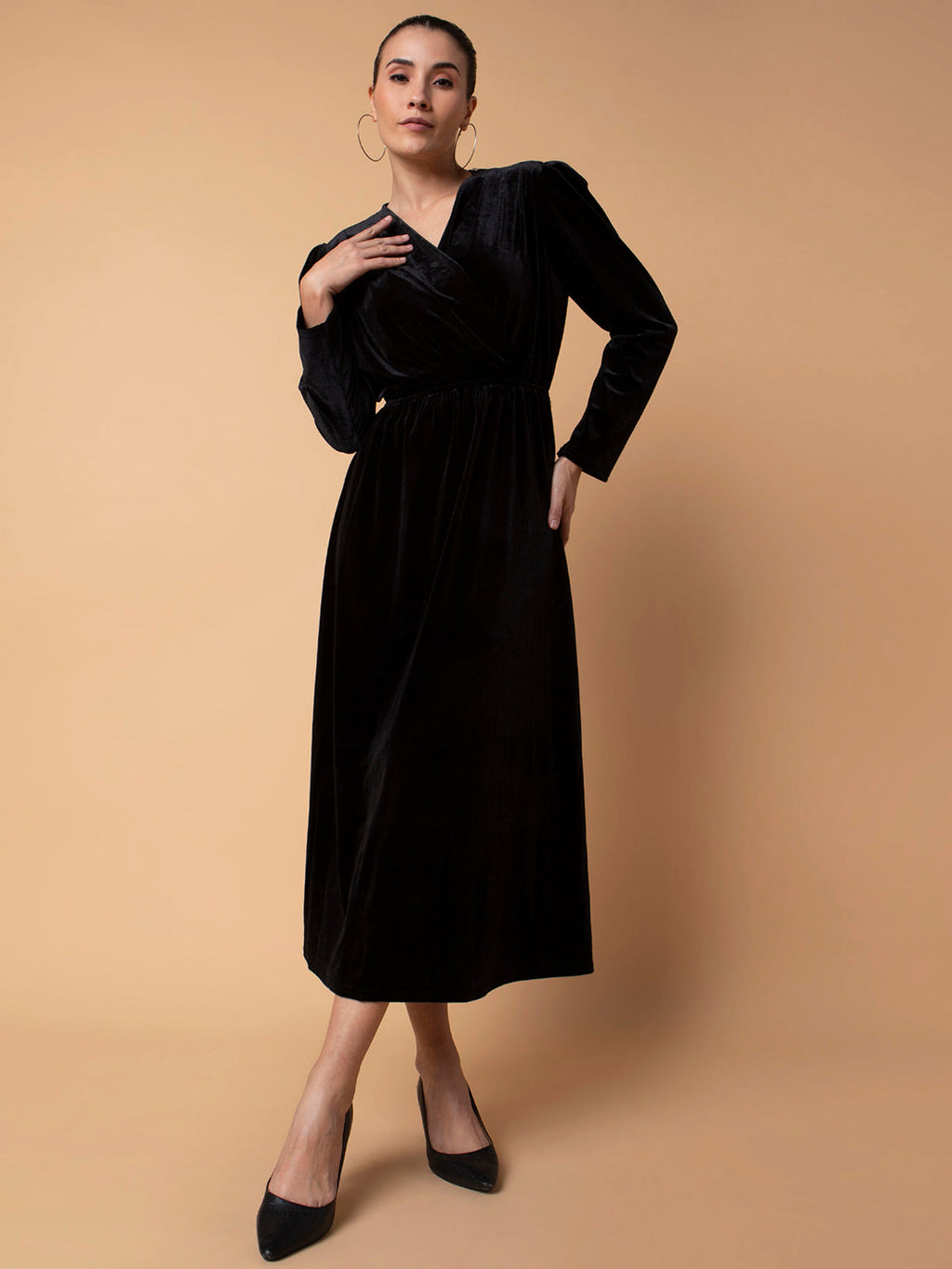 Women's Solid Black Midi Fit and Flare Dress