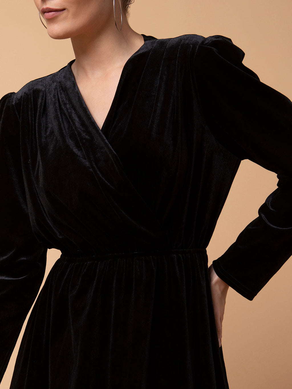 Women's Solid Black Midi Fit and Flare Dress