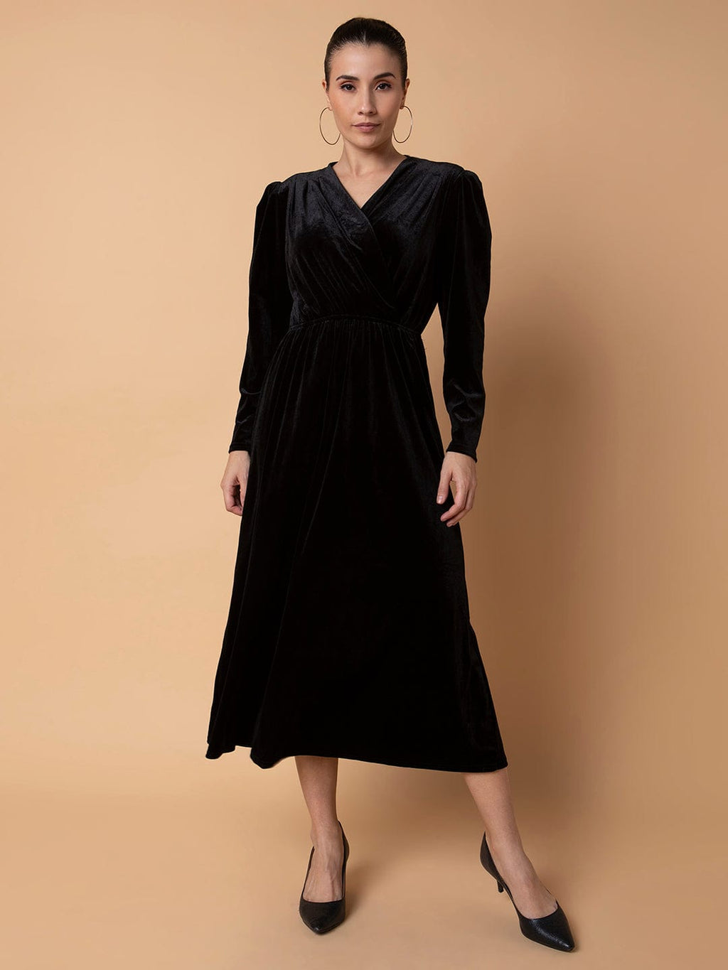 Women's Solid Black Midi Fit and Flare Dress