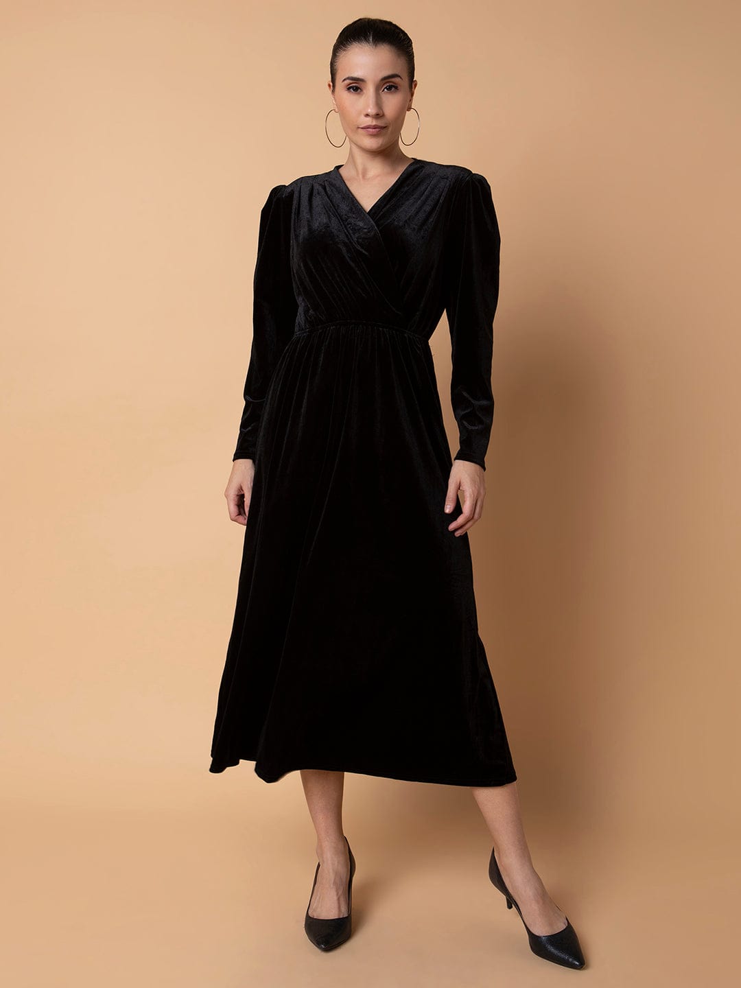 Women's Solid Black Midi Fit and Flare Dress