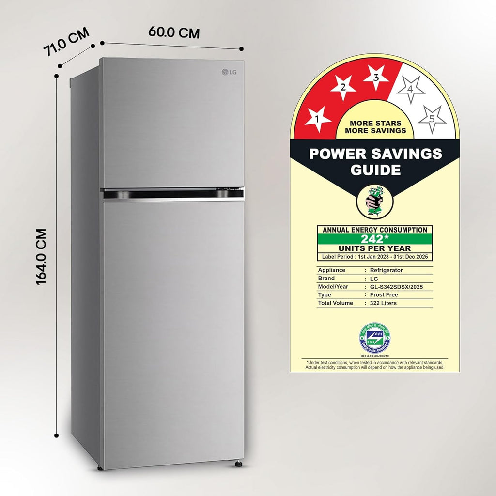 LG 322 L 3 Star Frost-Free Smart Inverter Double Door Refrigerator (GL-S342SDSX, Dazzle Steel, Convertible with Express Freeze)