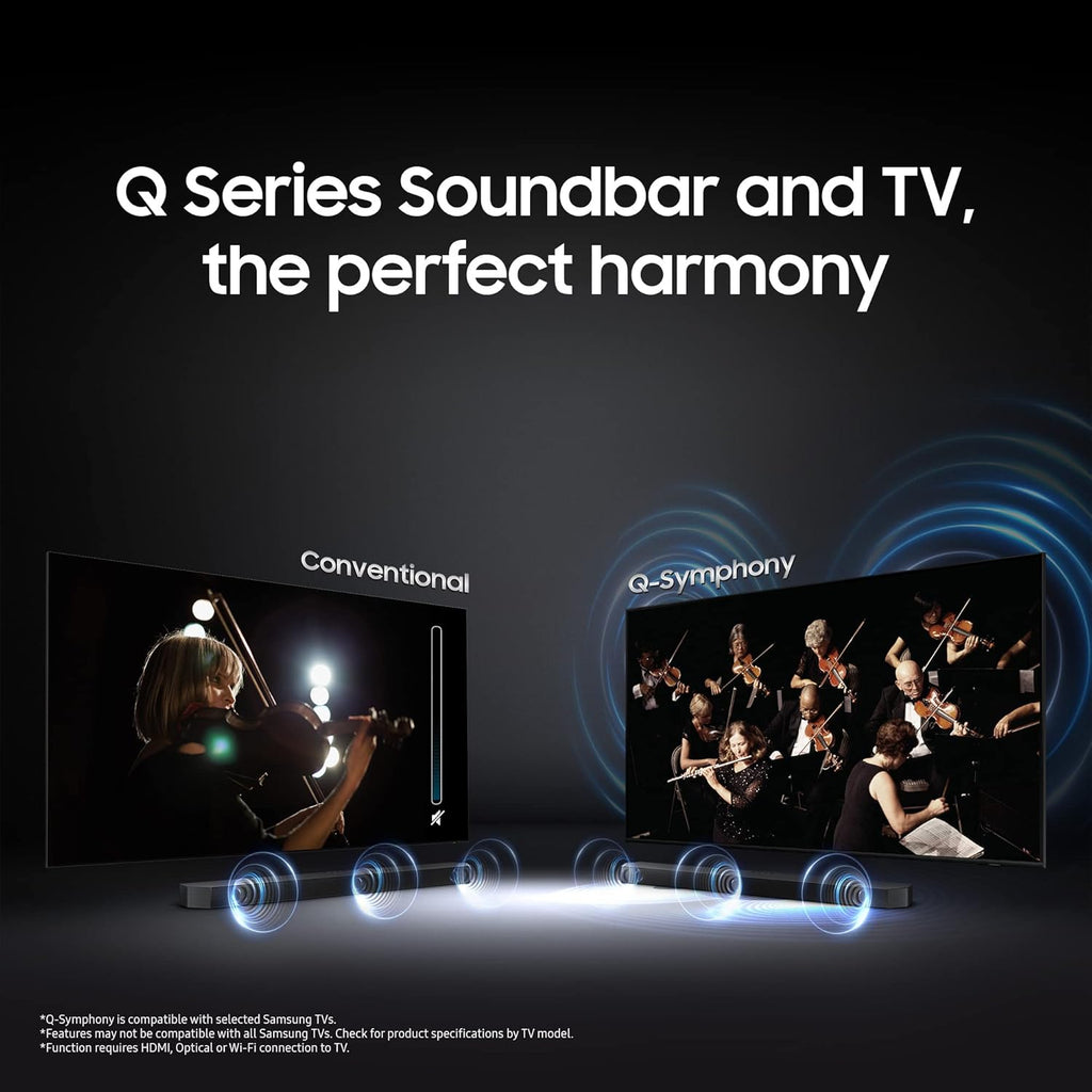 Samsung Q-Symphony Soundbar (HW-Q600C/XL), USB, Bluetooth with 3.1.2 Channel, Wireless Subwoofer, and 2 Up-Firing Speakers, Dolby Atmos Music (Black)