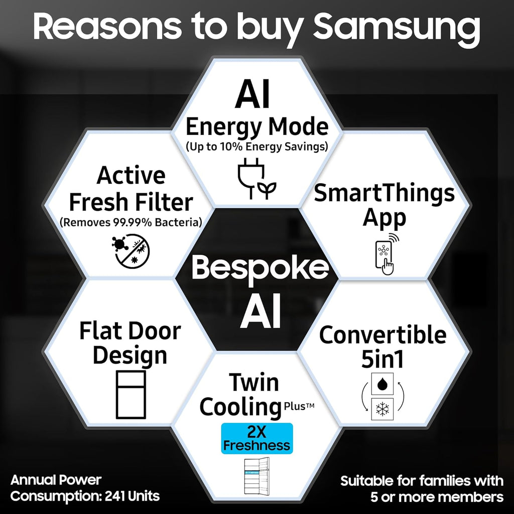 Samsung 330 L, 3 Star, Convertible 5-in-1, Digital Inverter, Frost Free Double Door, WiFi Enabled Bespoke AI Refrigerator (RT34DG5A4DS8HL, Elegant Inox, Silver)