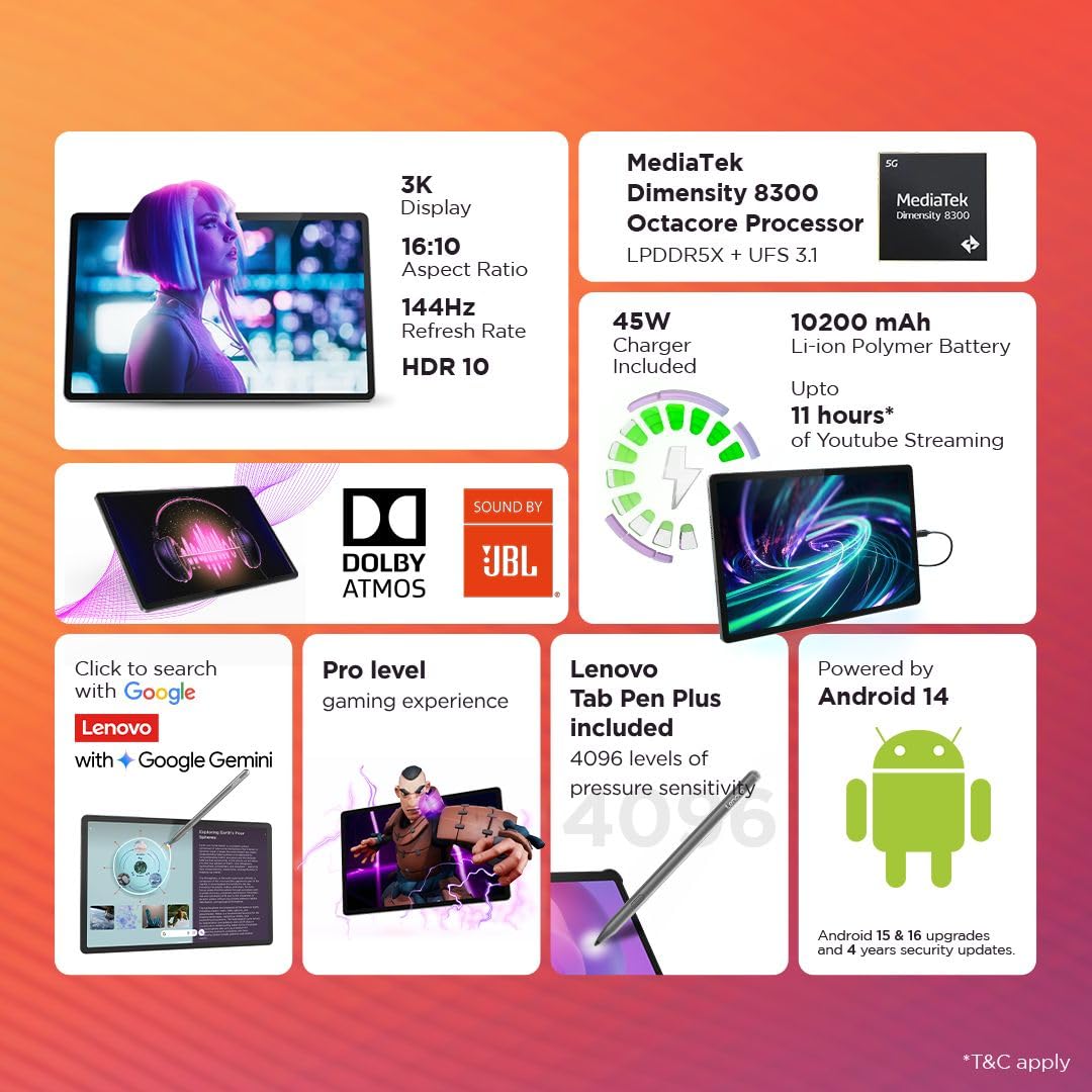 Lenovo {Smartchoice} Idea Tab Pro with Pen Plus | 12.7" 3K Display | 144 Hz Refresh |AI-Enabled | MediaTek Dimensity 8300 |  Quad JBL Speakers | 10200 mAh Battery with 45 W Charger | WiFi 6e