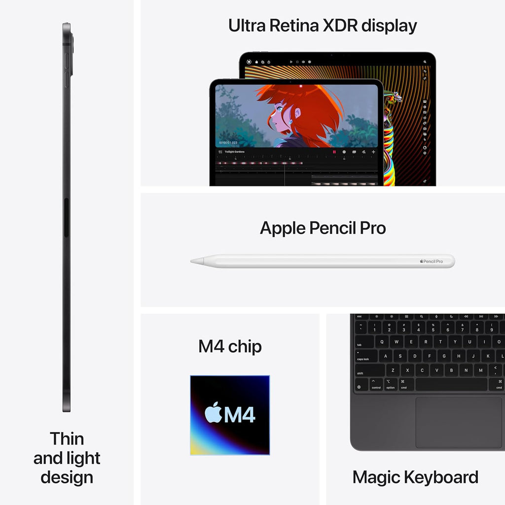 Apple iPad Pro 11″ (M4): Ultra Retina XDR Display, 256GB, 12MP Front Camera / 12MP Back Camera, LiDAR Scanner, Wi-Fi 6E + 5G Cellular with eSIM, All-Day Battery Life, Standard Glass — Space Black