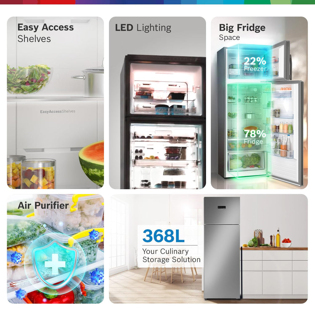 BOSCH Series 4 368 Litres 3 Star Frost Free Double Door Refrigerator (CTC39K03NI, Smoky Steel)