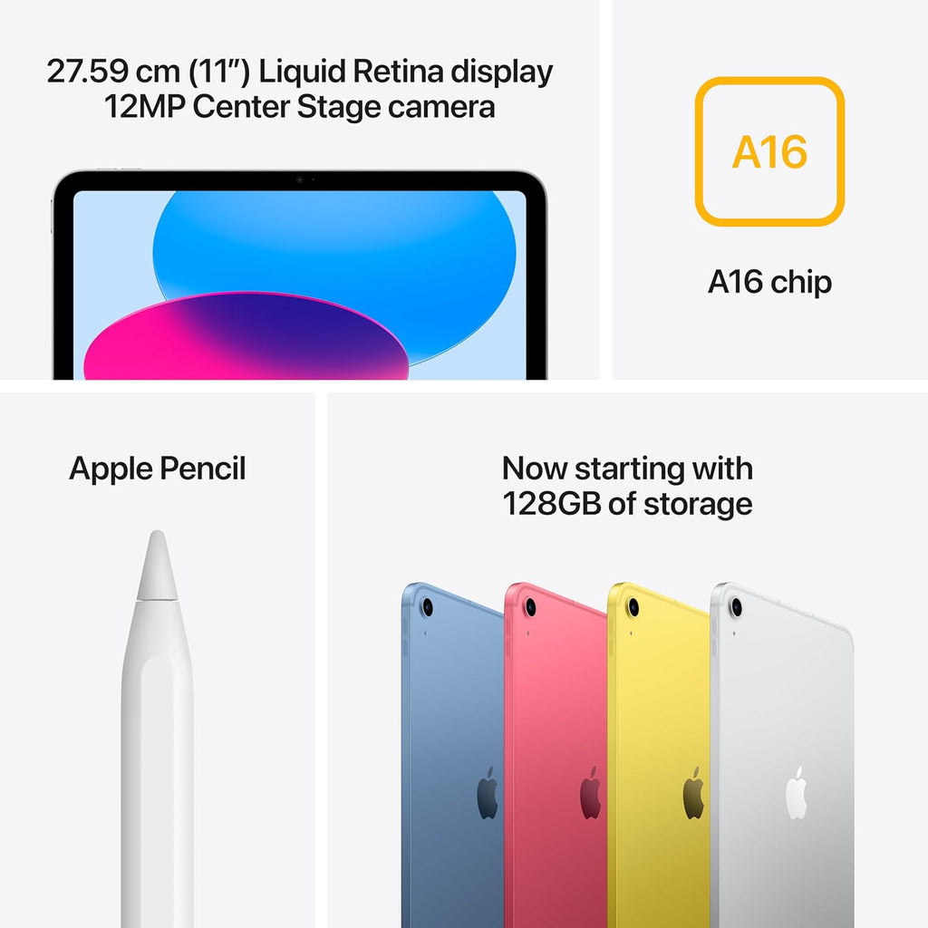 Apple iPad 11″: A16 chip, 27.69 cm (11″) Model, Liquid Retina Display, Wi-Fi 6, 12MP Front/12MP Back Camera, Touch ID, All-Day Battery Life
