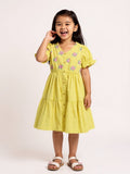 Utsa Kids Yellow Floral Embroidered Cotton Tiered Dress - (2-8yrs)
