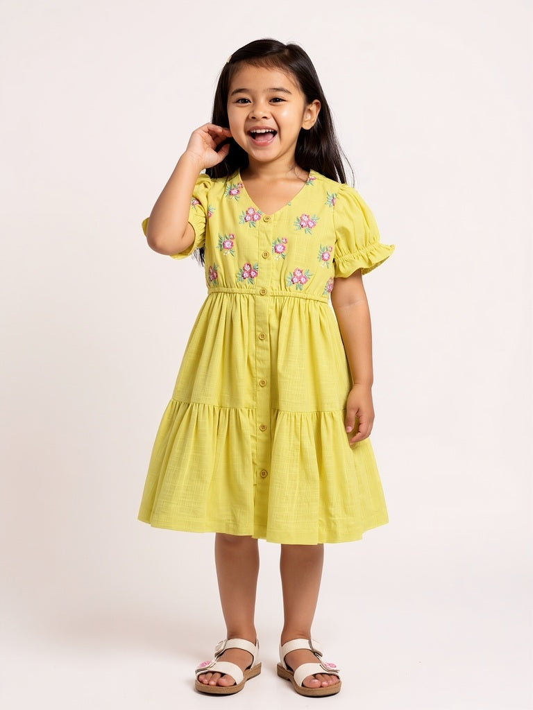 Utsa Kids Yellow Floral Embroidered Cotton Tiered Dress - (2-8yrs)
