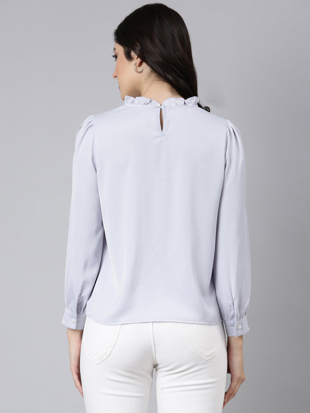 Women's Lavender High Neck Gathered Detailed Cuffed Sleeves Satin Top