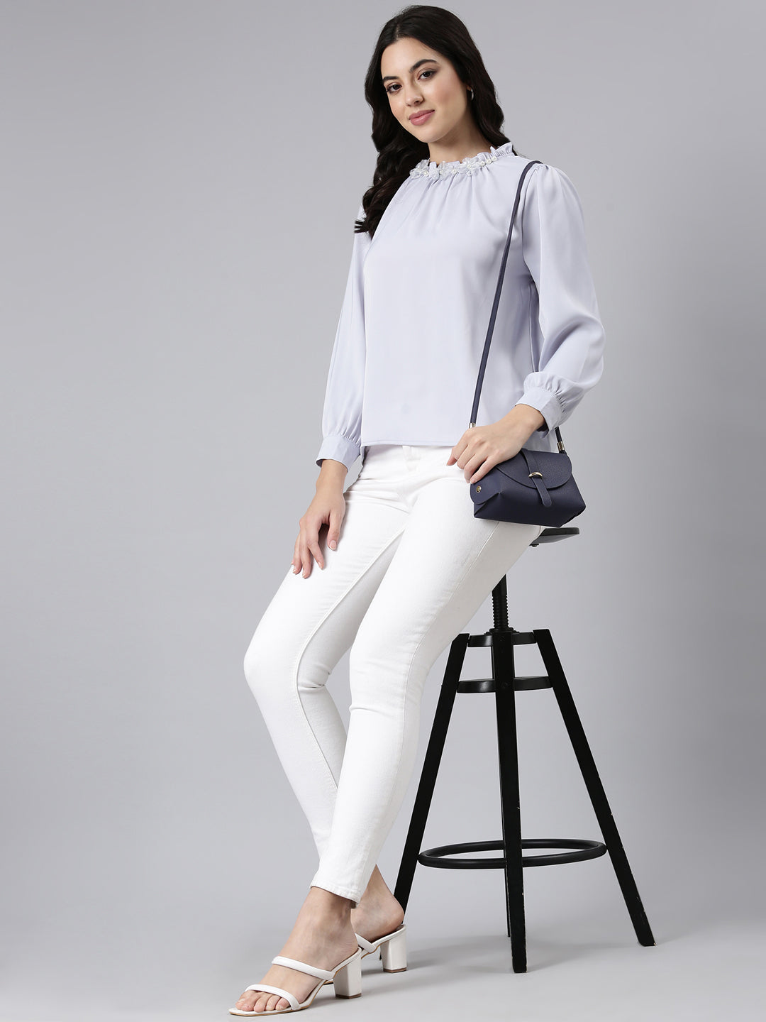Women's Lavender High Neck Gathered Detailed Cuffed Sleeves Satin Top