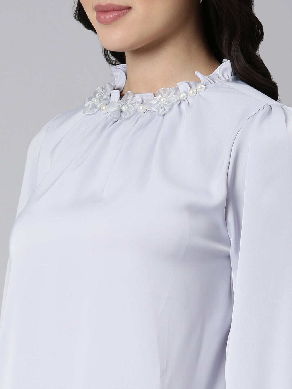 Women's Lavender High Neck Gathered Detailed Cuffed Sleeves Satin Top