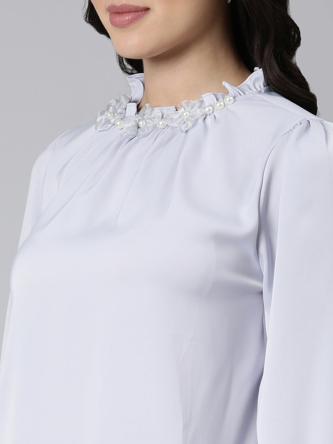 Women's Lavender High Neck Gathered Detailed Cuffed Sleeves Satin Top