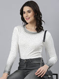Women's White Polka Dots Printed Round Neck Knitted Studded Top