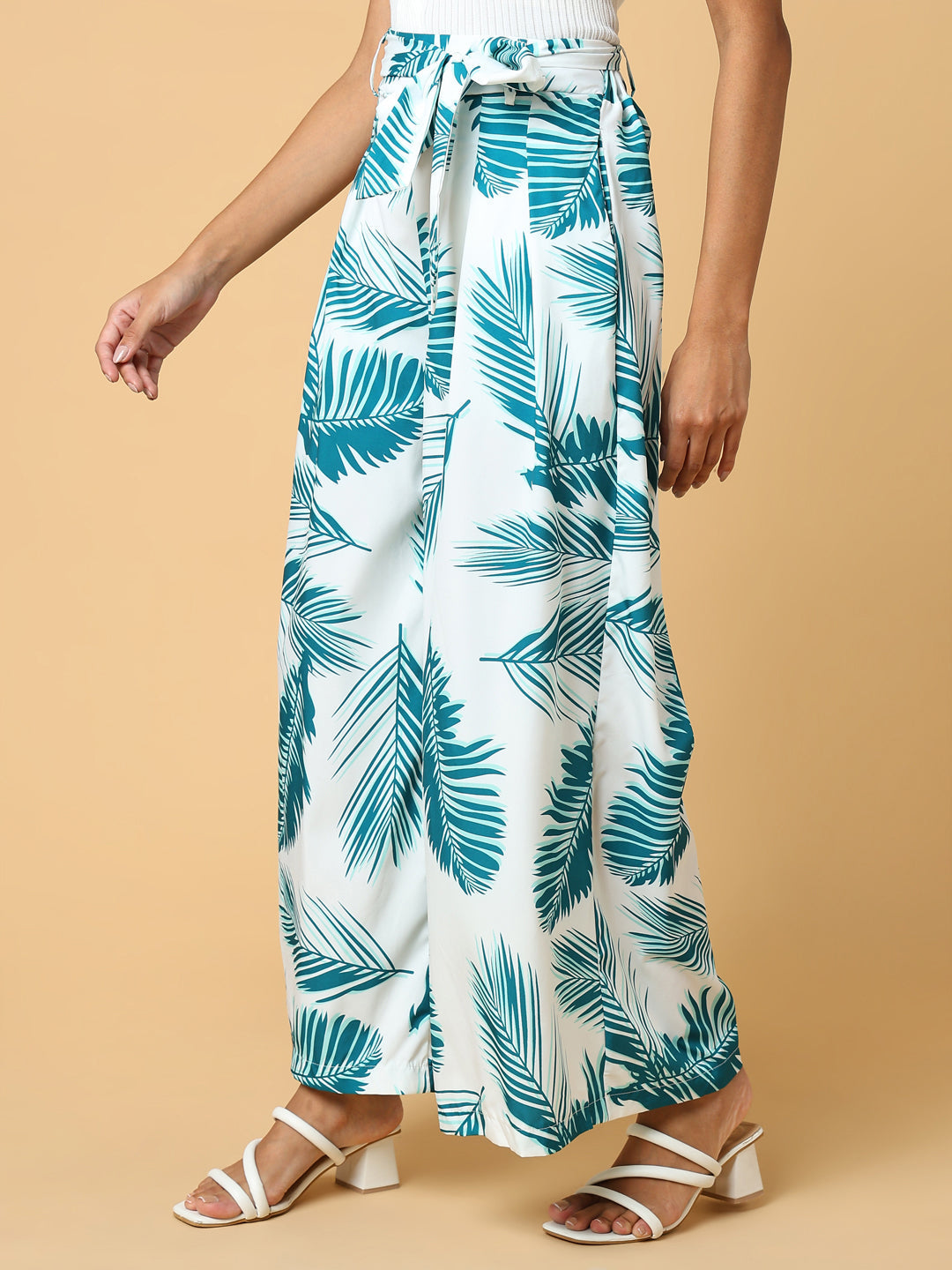 Women's Floral White Trouser with Belt