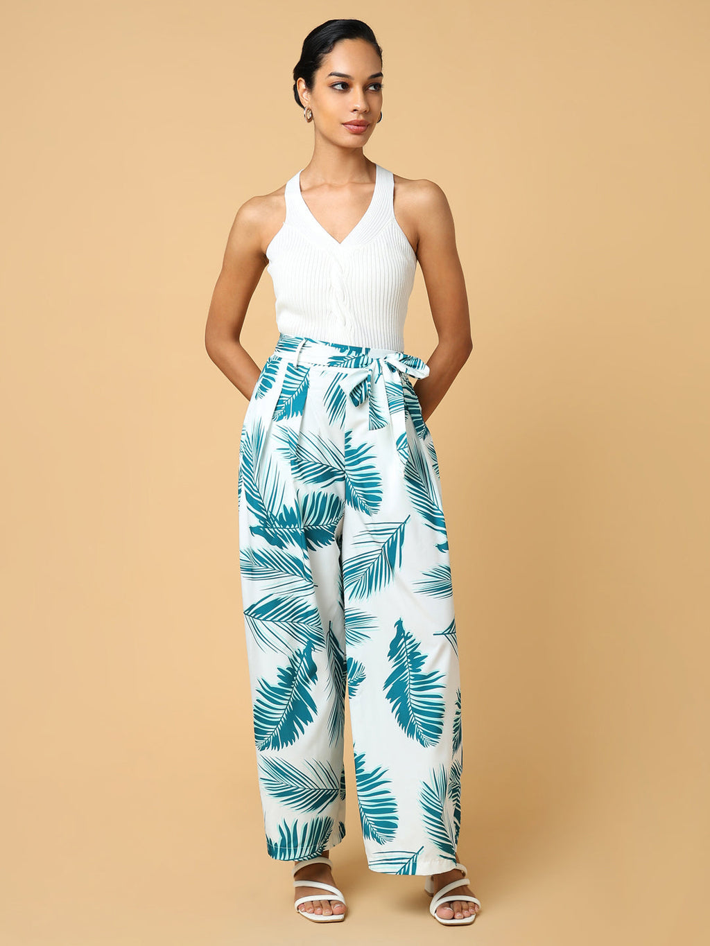 Women's Floral White Trouser with Belt