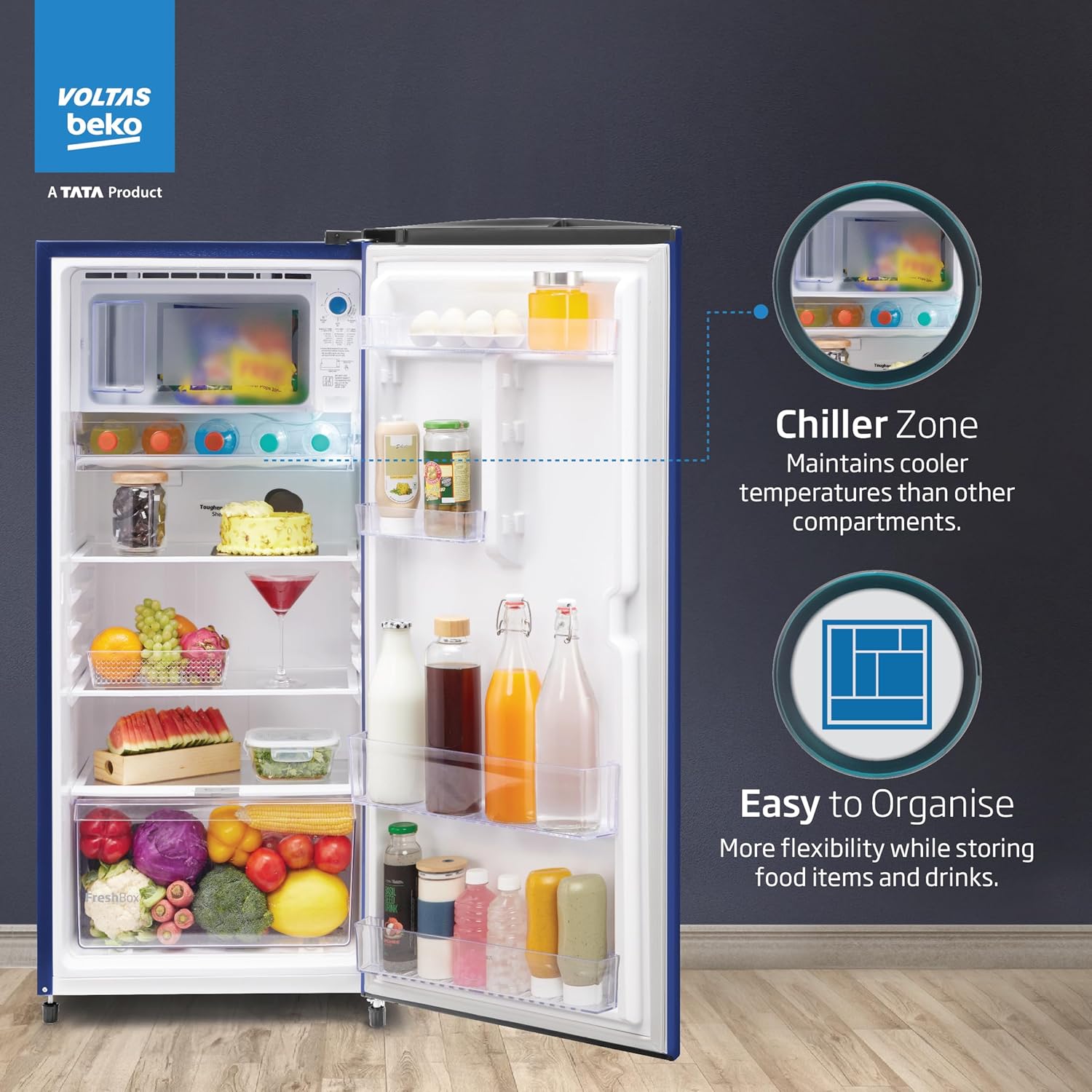 Voltas Beko, A Tata Product 183 L 2 Star Direct Cool Single Door Refrigerator (RDC215D/S0WBR0M0000GO, Hairline Blue, With Fresh Box Technology