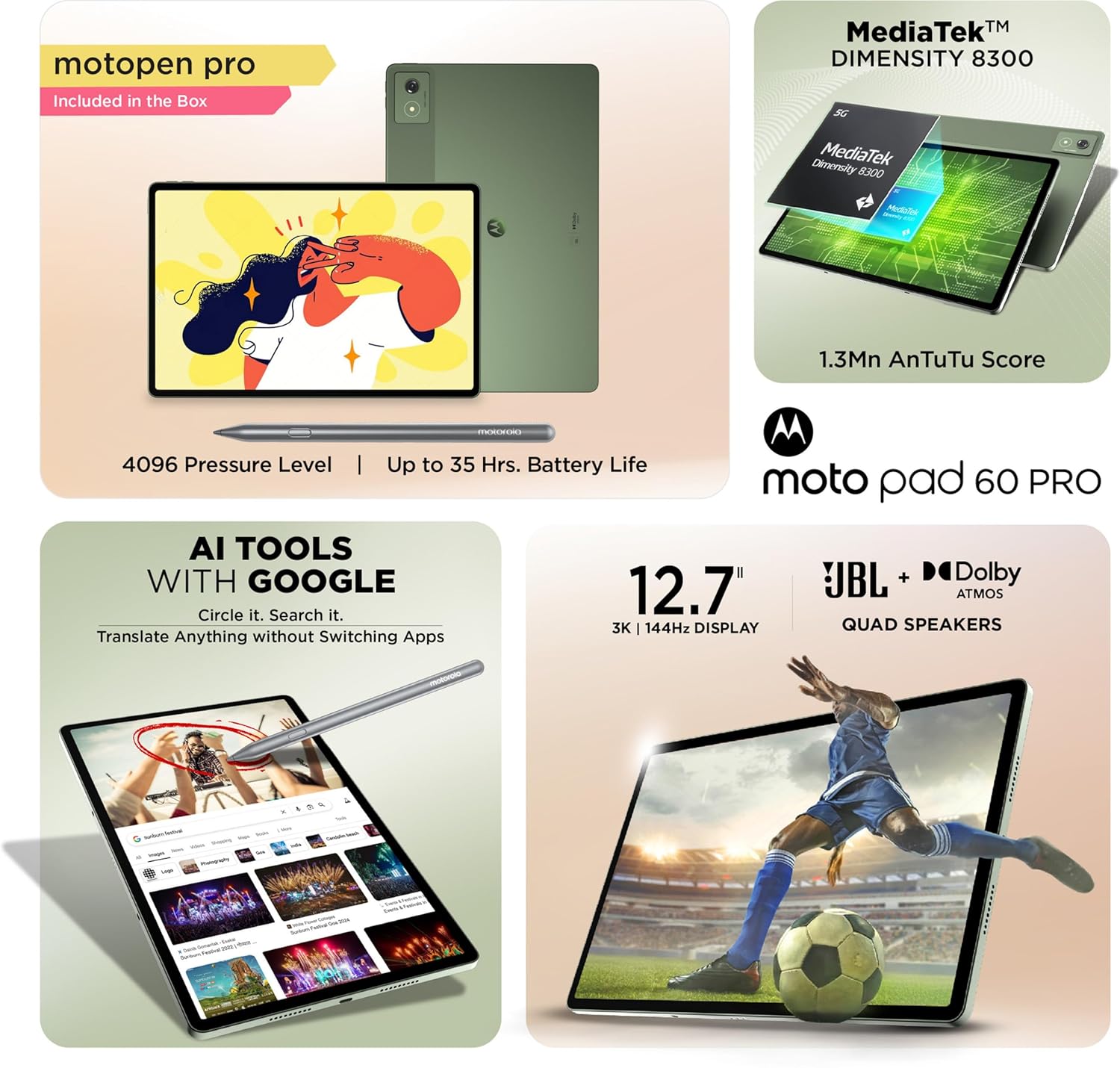 Motorola Pad 60 Pro (Pantone Bronze Green) | 12.7" 3K LTPS Display | MediaTek Dimensity 8300 | 10200 mAh Battery | Moto Pen Pro | Wi-Fi Only | Android 14