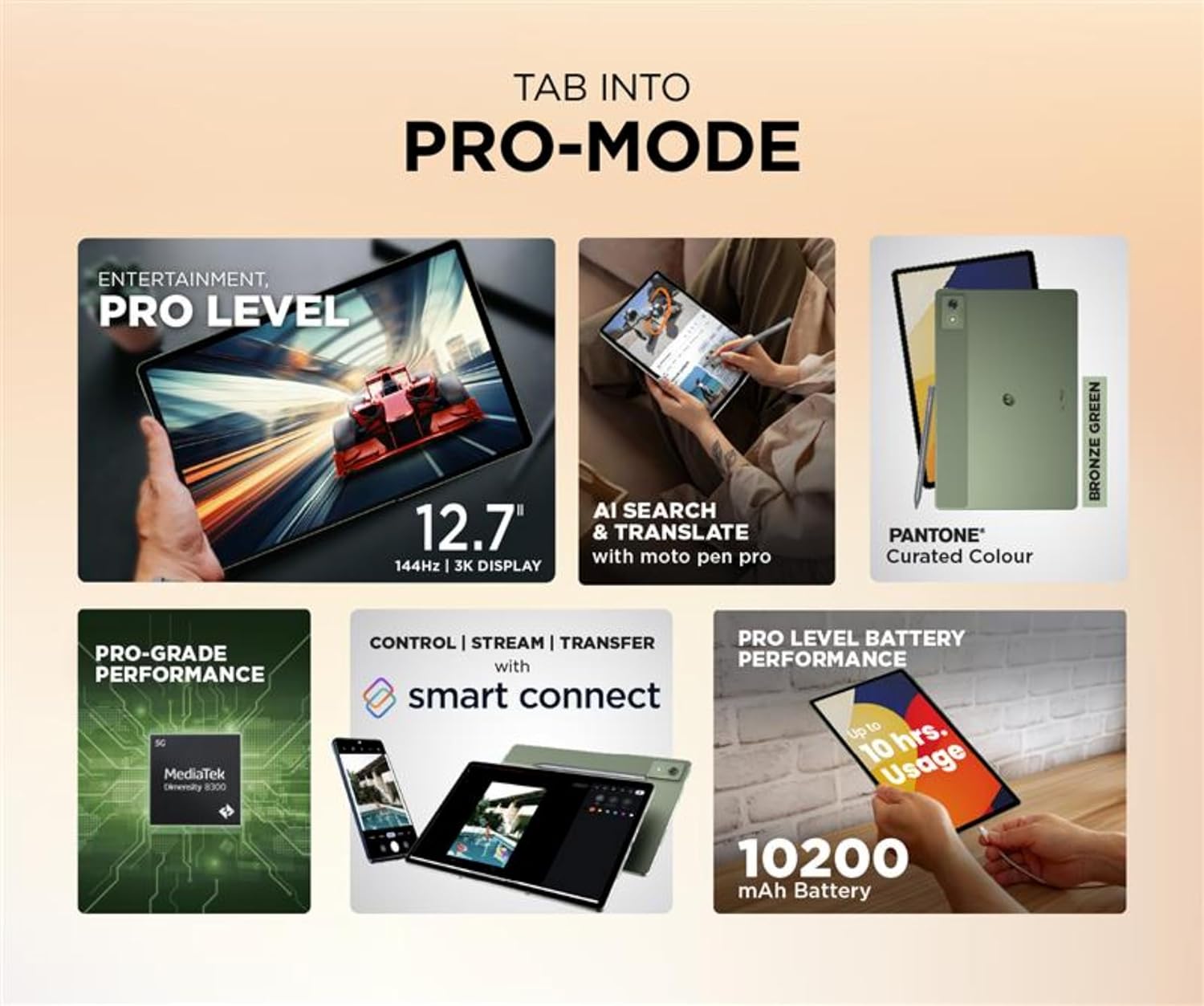Motorola Pad 60 Pro (Pantone Bronze Green) | 12.7" 3K LTPS Display | MediaTek Dimensity 8300 | 10200 mAh Battery | Moto Pen Pro | Wi-Fi Only | Android 14