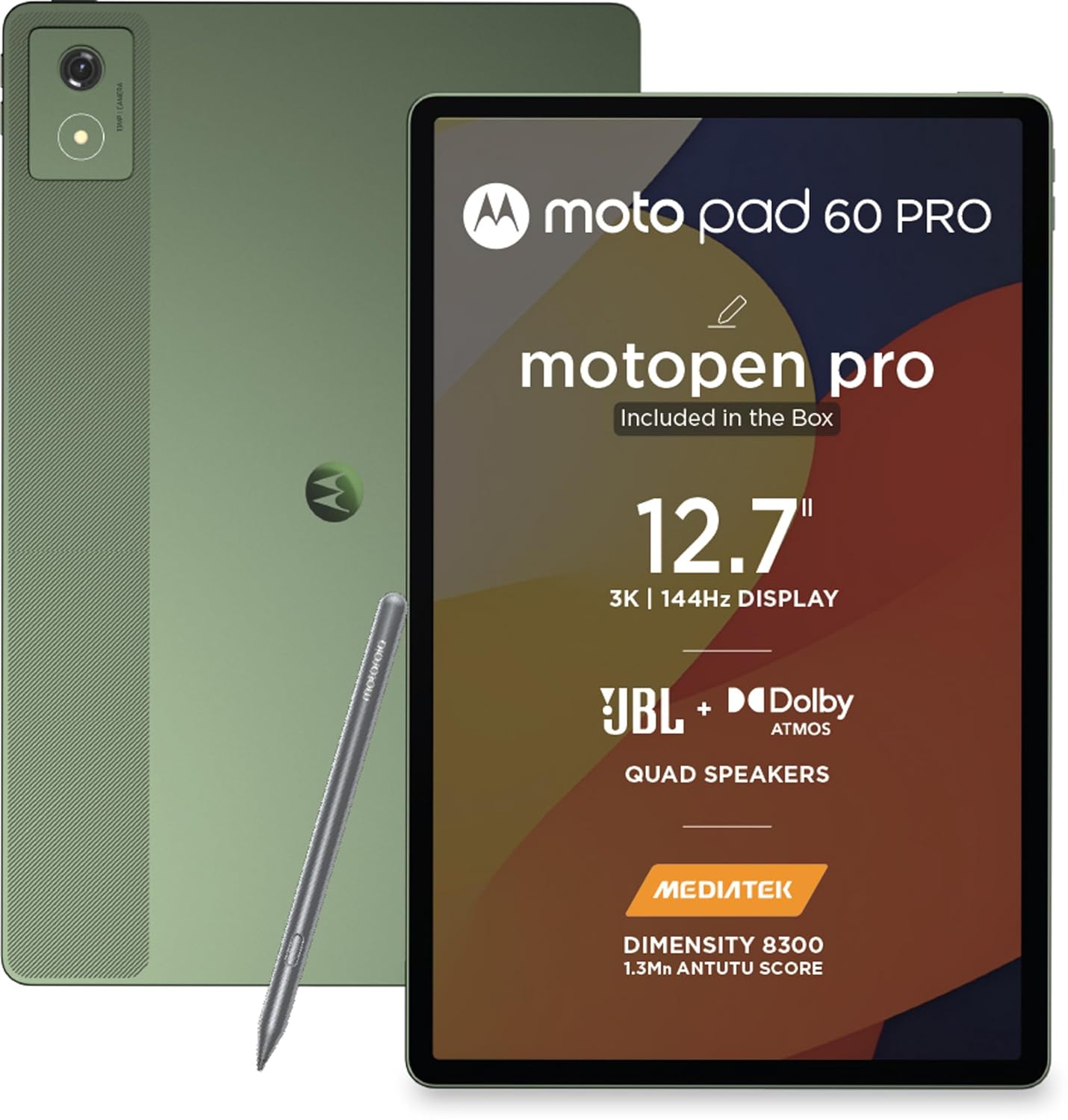 Motorola Pad 60 Pro (Pantone Bronze Green) | 12.7" 3K LTPS Display | MediaTek Dimensity 8300 | 10200 mAh Battery | Moto Pen Pro | Wi-Fi Only | Android 14