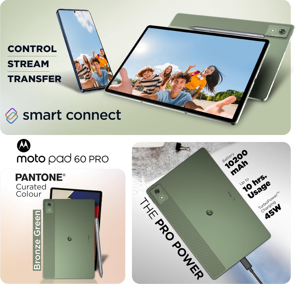 Motorola Pad 60 Pro (Pantone Bronze Green) | 12.7" 3K LTPS Display | MediaTek Dimensity 8300 | 10200 mAh Battery | Moto Pen Pro | Wi-Fi Only | Android 14