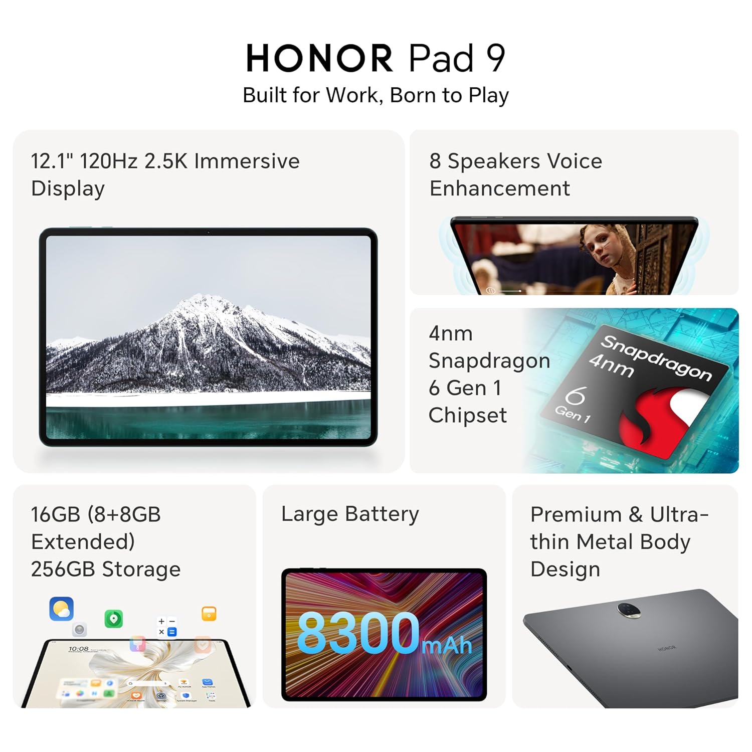 HONOR Pad 9 with Free Bluetooth Keyboard, 12.1-Inch 2.5K Display, 16GB, 256GB Storage, Snapdragon 6 Gen 1 (4nm), 8 Speakers, Up-to 17 Hours, Android 13, WiFi Tablet, Metal Body, Gray