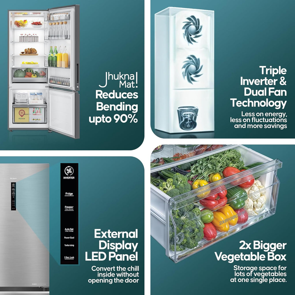 Haier 325 L 3 Star Frost Free Bottom Mount Double Door Refrigerator|Convertible 14-in-1|Jhukna Mat-Bottom Freezer (HEB-333DS-P, Dazzle Steel)