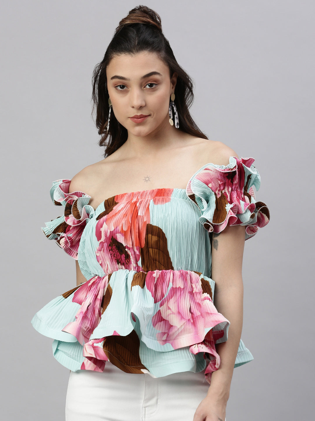 Women's Abstract Turquoise Blue Cinched Waist Top