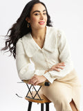 Women's Cream Horizontal Striped Knits Round Neck Acrylic Top