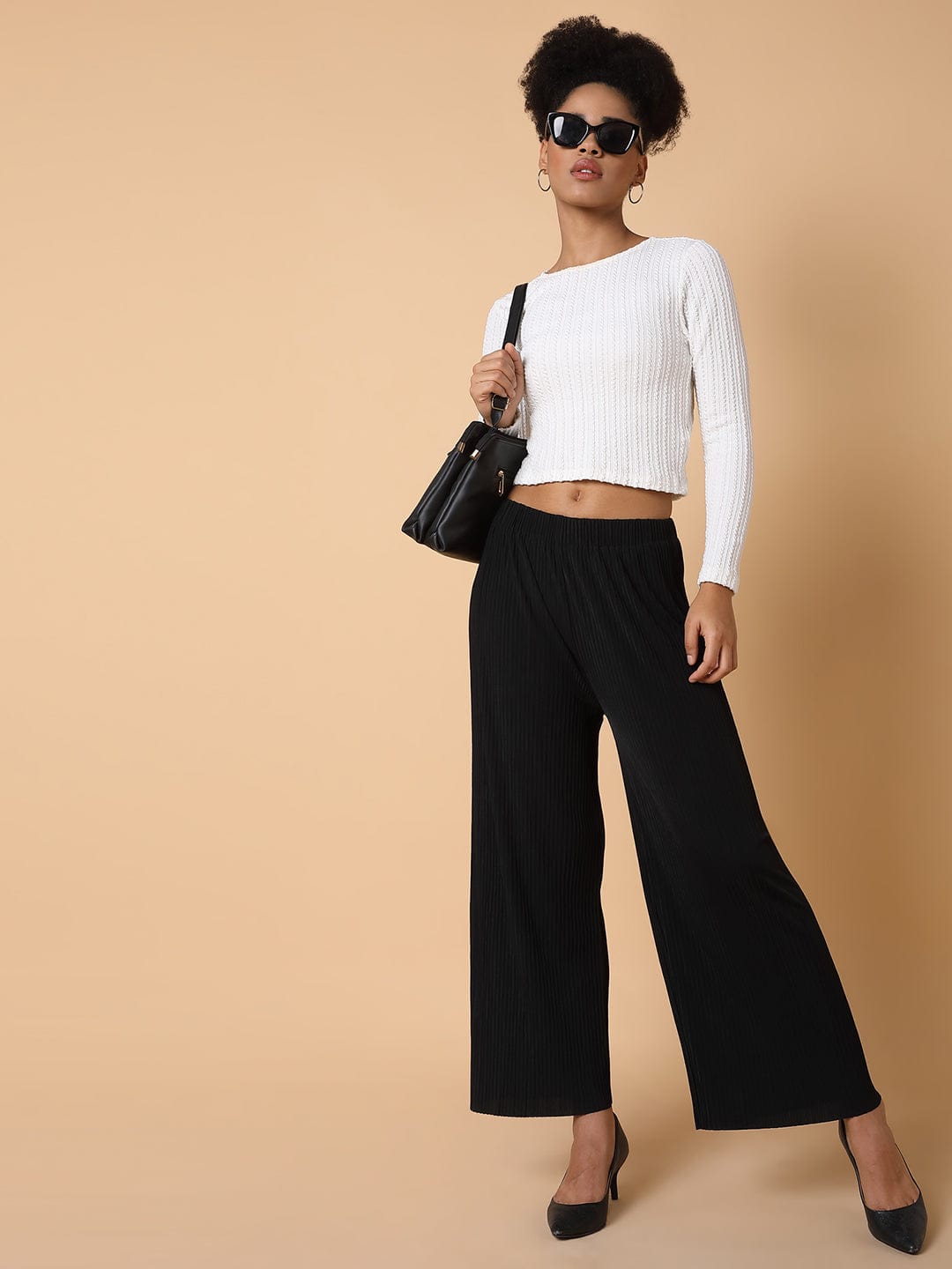 Women's Black Comfort Mid-Rise Flared Trousers