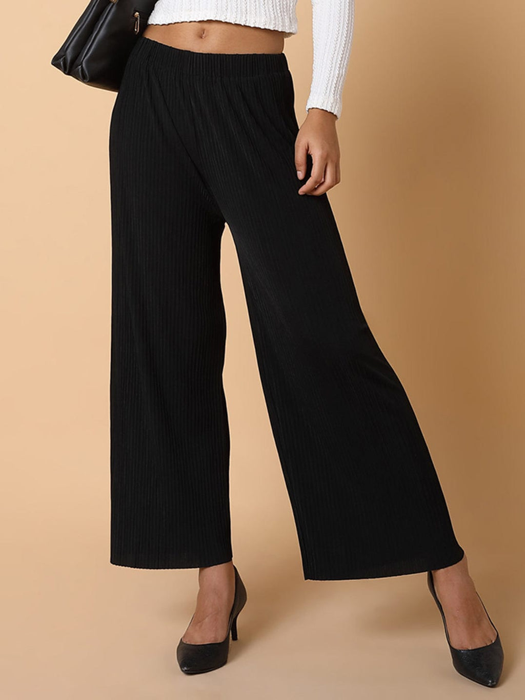 Women's Black Comfort Mid-Rise Flared Trousers