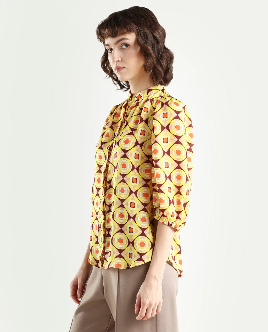 Rareism Women's Mason Yellow Polyester Mandarin Collar Geometric Print Balloon Sleeve Regular Fit Top