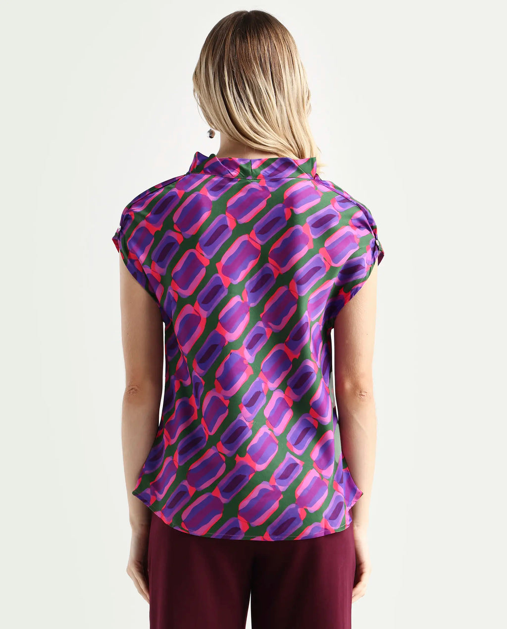Rareism Women's Jagsan Purple Polyester Cowl Neck Abstract Print Extended Sleeves Relaxed Fit Top