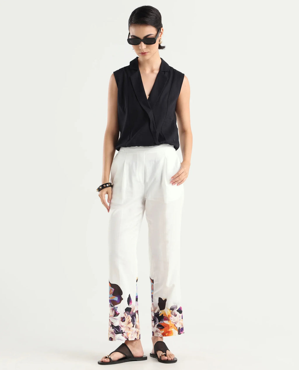 Rareism Women's Weigen White Cotton Floral Print Ankle Length Relaxed Fit Trouser