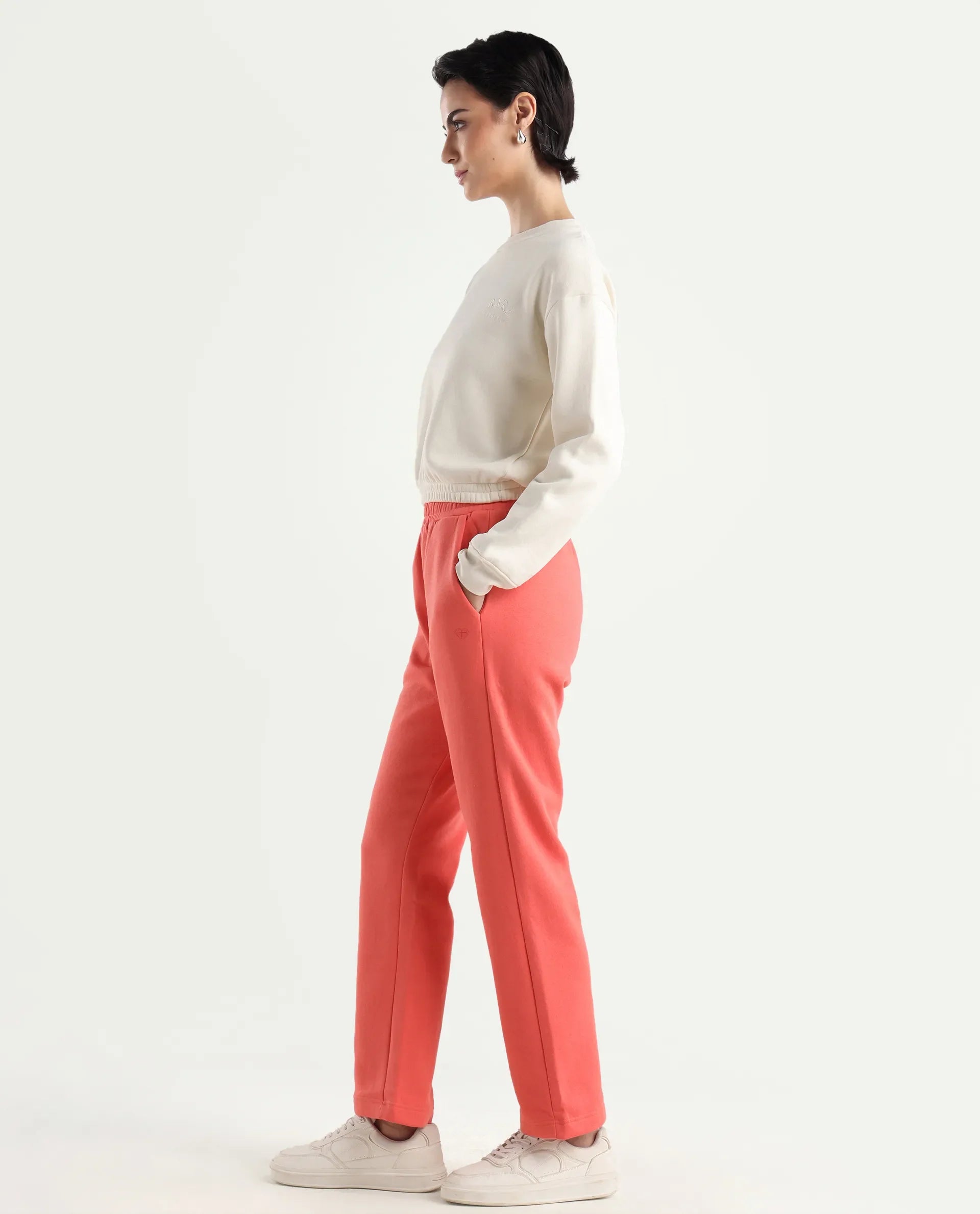 Rareism Women's Fronk Orange Polyester Blend Plain Ankle Length Tailored Track Pant