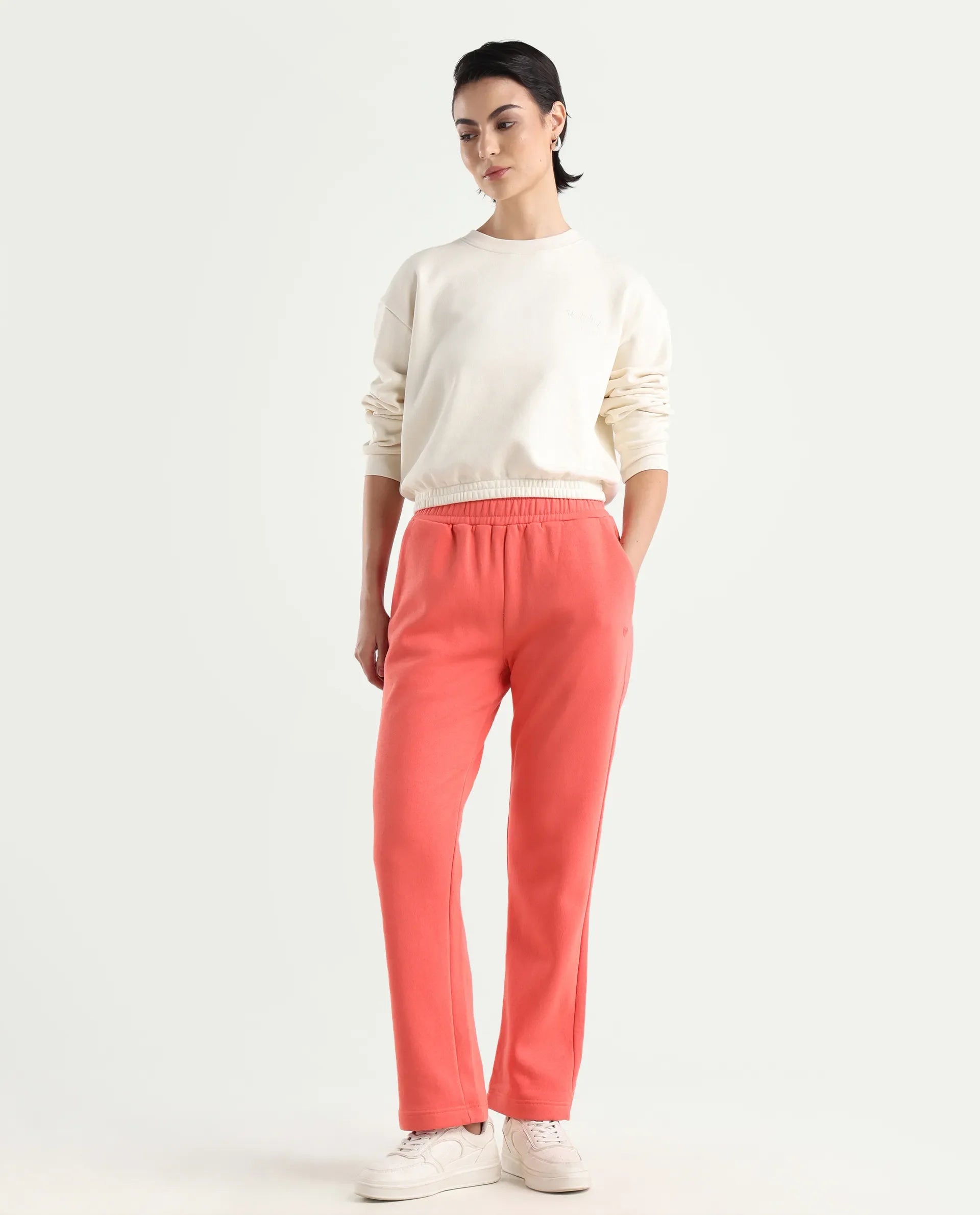 Rareism Women's Fronk Orange Polyester Blend Plain Ankle Length Tailored Track Pant