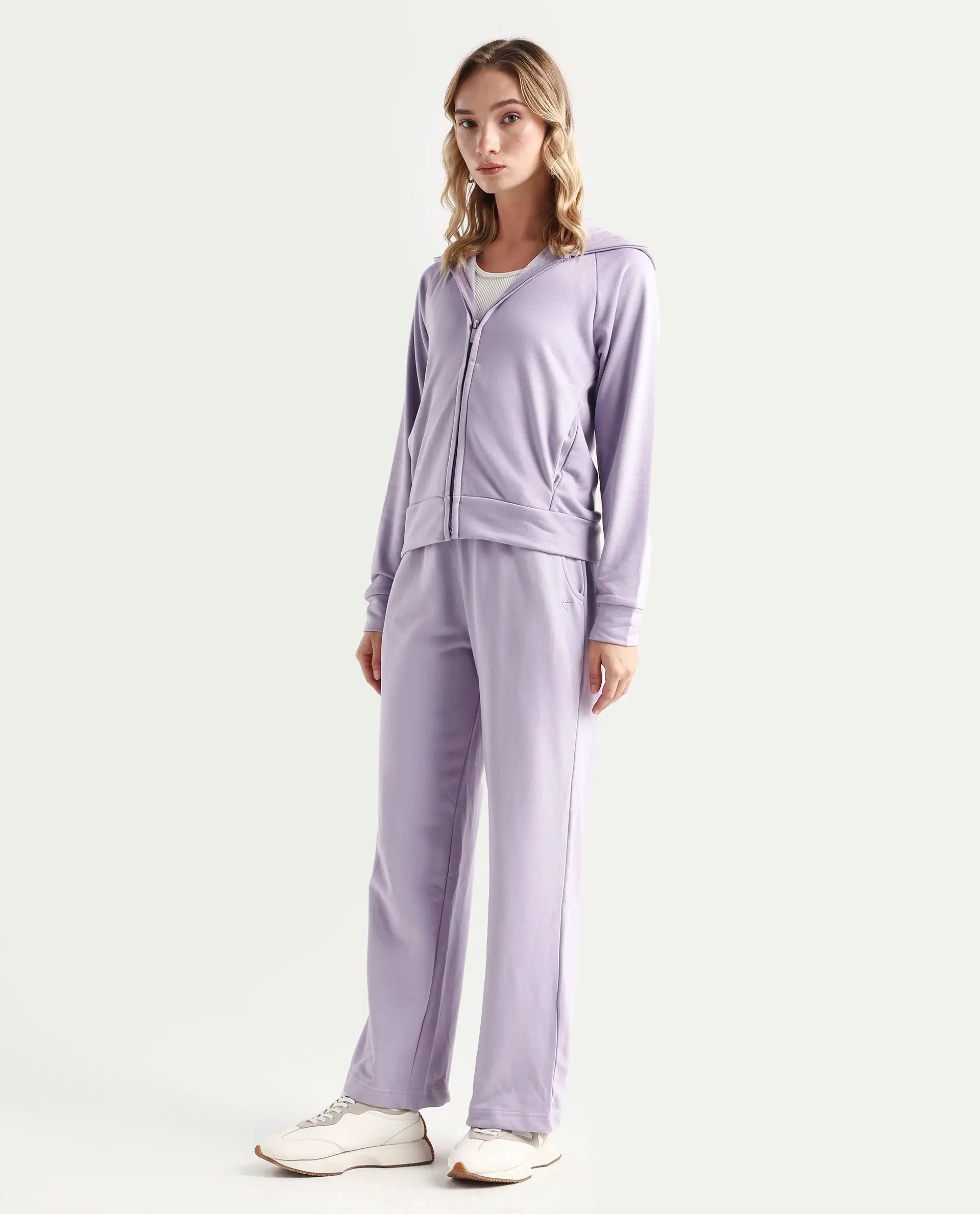 Rareism Women's Pazoo T Pastel Purple Cotton Blend Plain Ankle Length Flared Track Pant