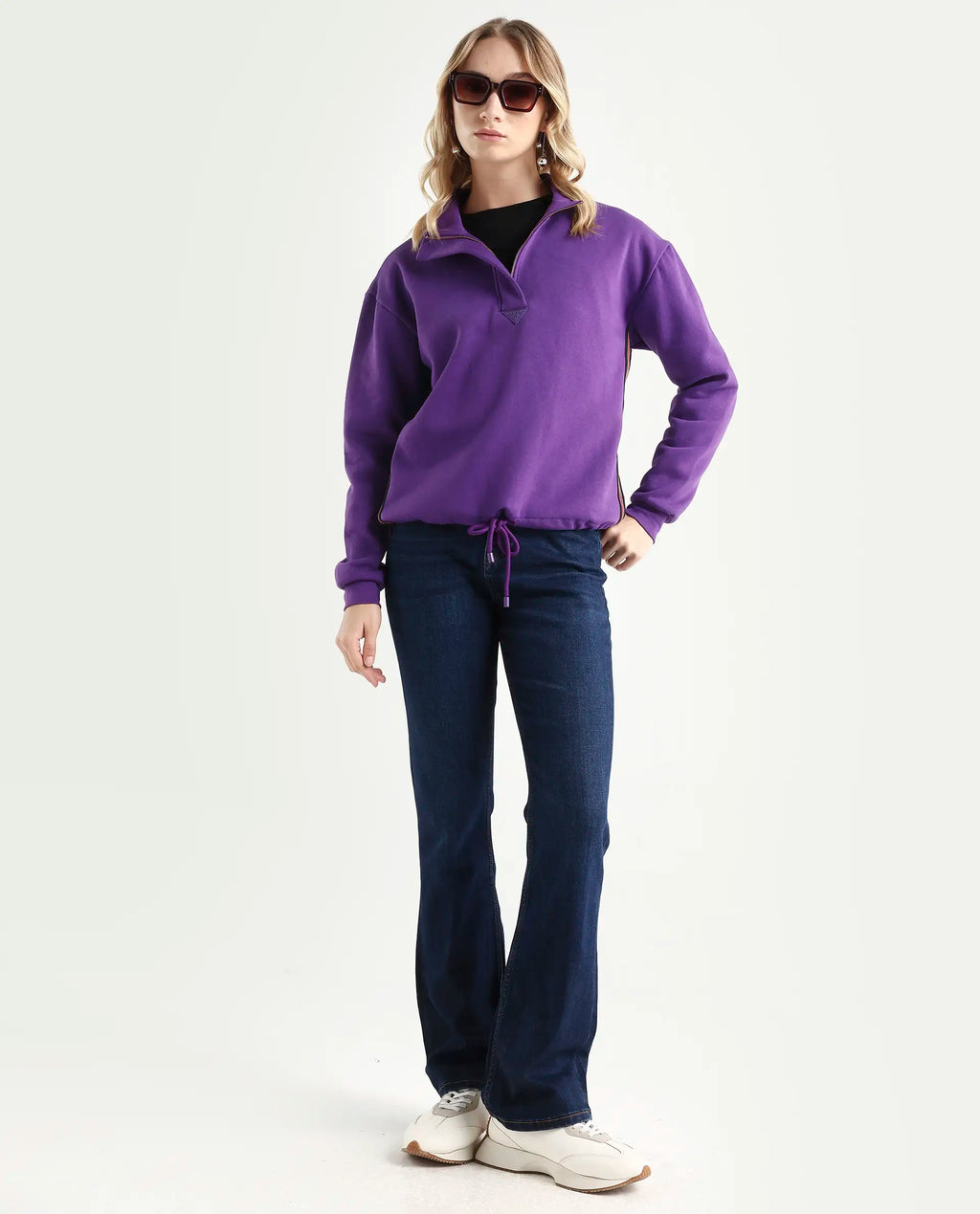 Rareism Women's Aldrichh Purple Polyester Blend High Neck Plain Regular Fit Sweatshirt