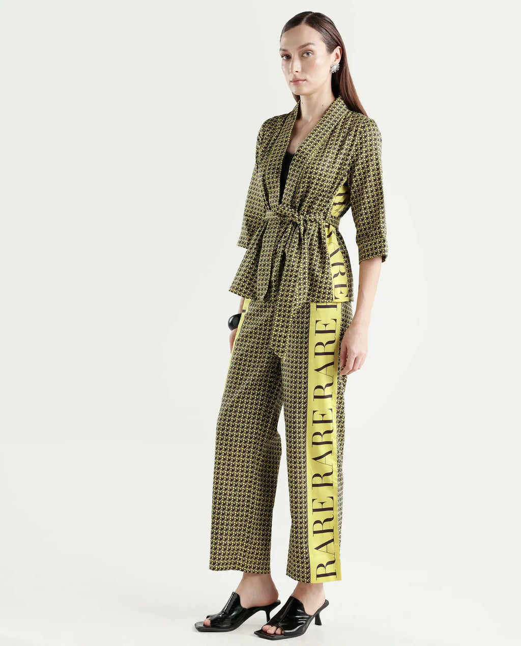 Rareism Women's Geomo-B Yellow Cotton Blend Monogram Print Ankle Length Straight Fit Trouser