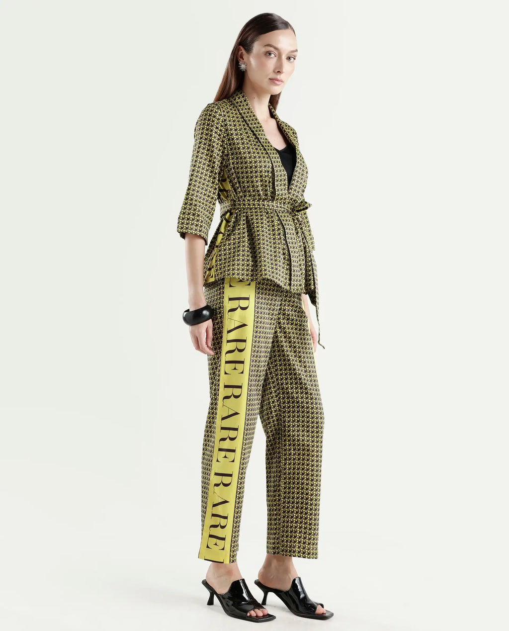 Rareism Women's Geomo-B Yellow Cotton Blend Monogram Print Ankle Length Straight Fit Trouser