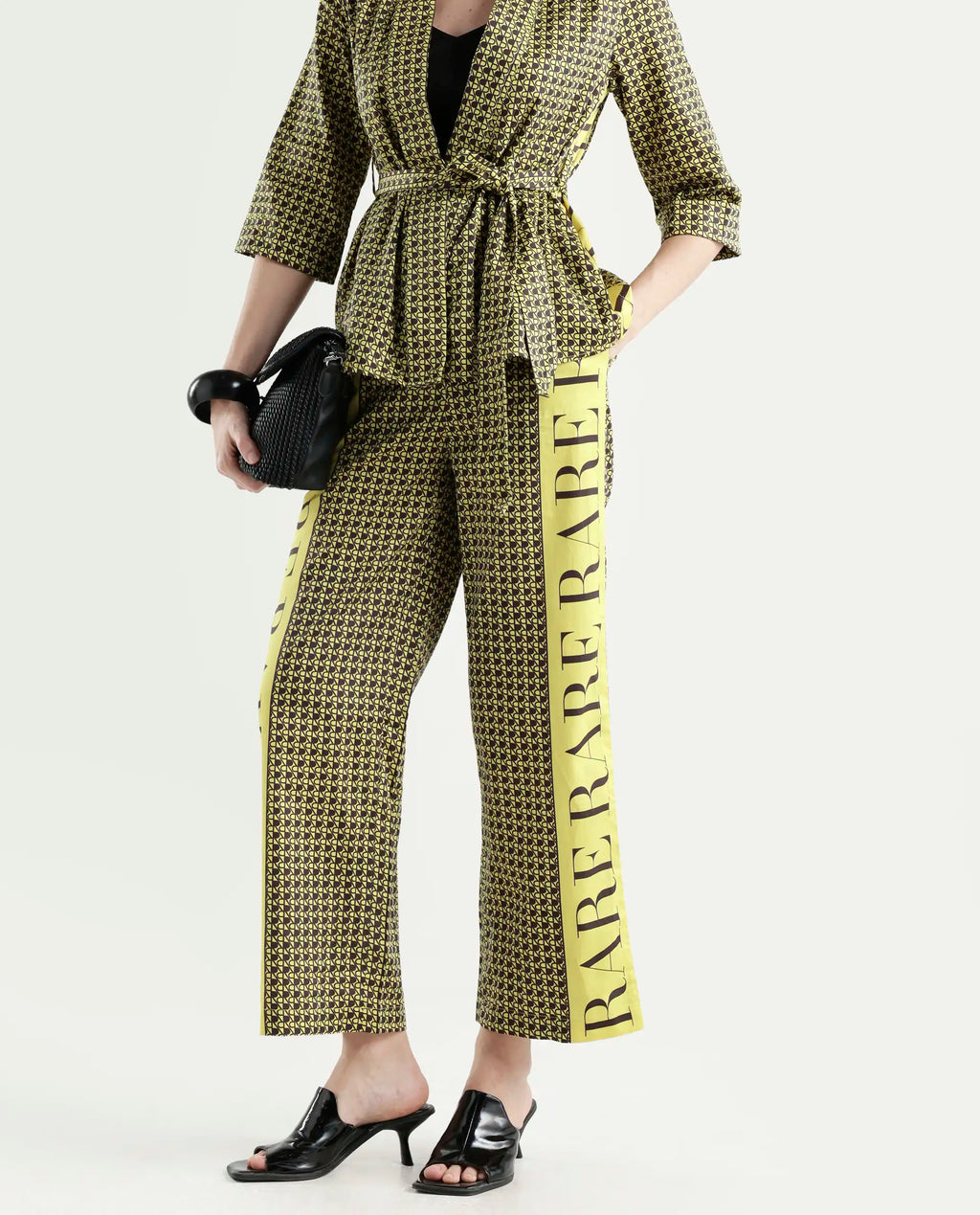 Rareism Women's Geomo-B Yellow Cotton Blend Monogram Print Ankle Length Straight Fit Trouser