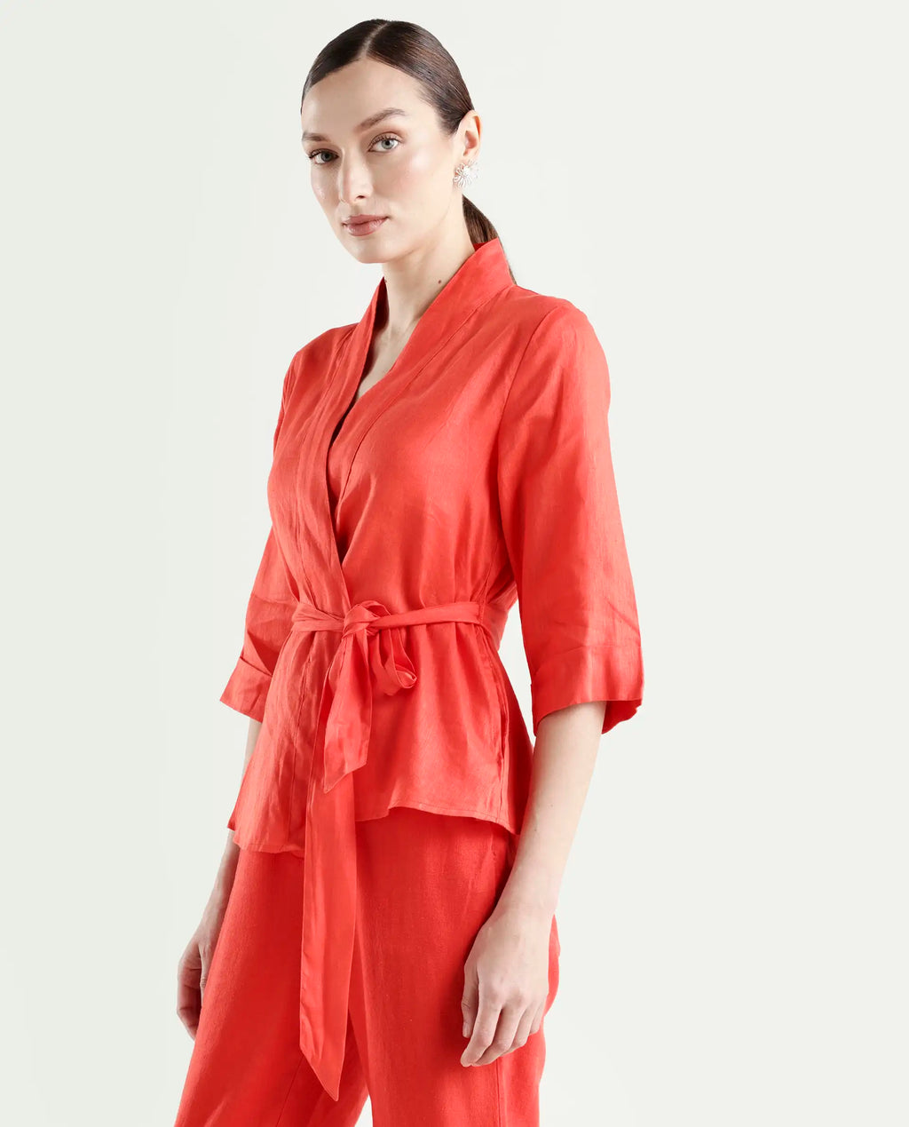 Rareism Women's Costa-T Pastel Rust Cotton Blend Overlap Neck Plain Regular Fit Top