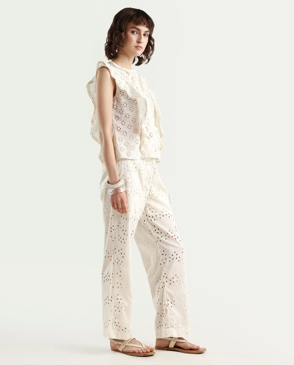 Rareism Women's Montana-B Light Off White Cotton Plain Regular Fit Trouser